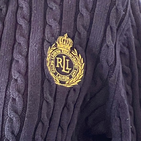 RALPH LAUREN 100% Cotton Navy and Gold Zipper Cable Knit Jacket Size Large - Picture 6 of 11